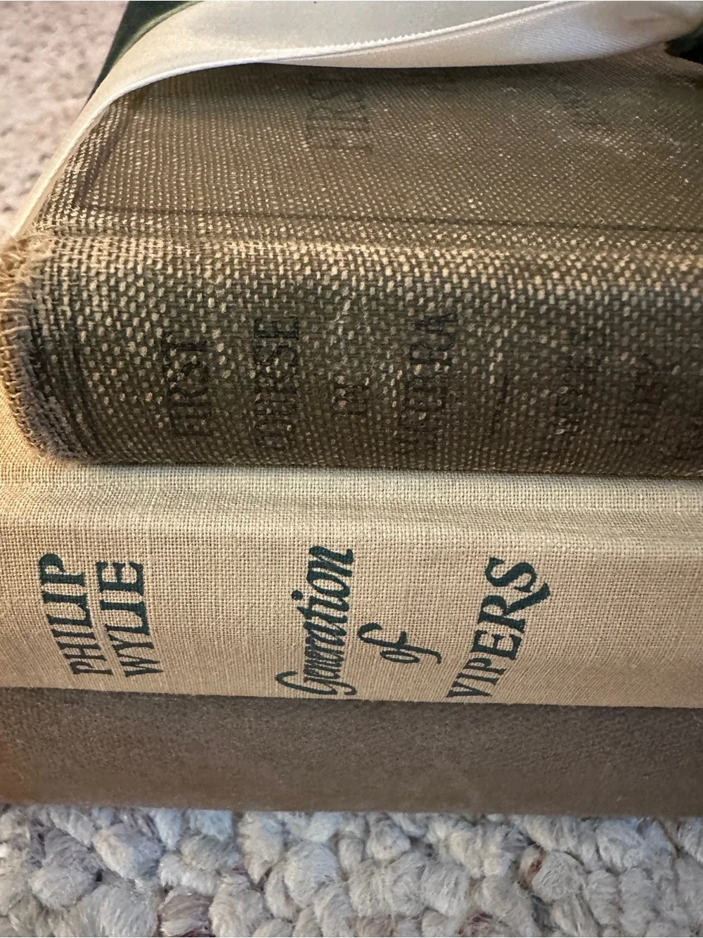 Decorative Green Velvet Ribbon-Tied vintage Book Stack - Home Accents